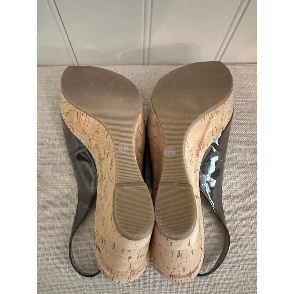 Marc Fisher Brown Patent Faux Leather Cork Wedges,‎ Open Toe, Size 8.5M
